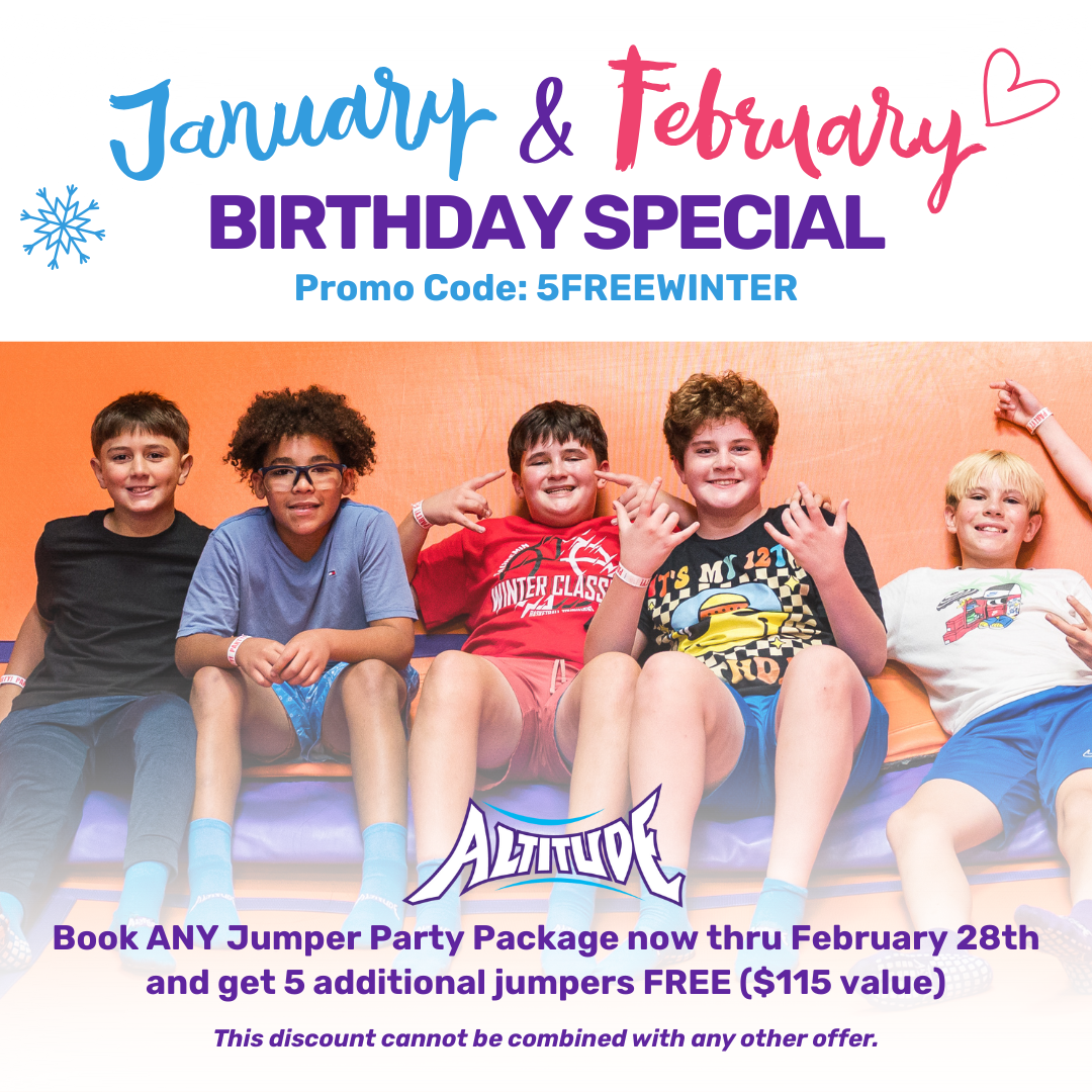 January and February Birthday Party Special at Altitude Trampoline Park in Bloomington, IL